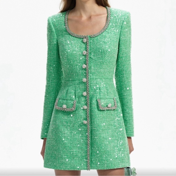 NWT Self-Portrait Boucle sequined Tailored Mini Dress in green Women's size 10 - Picture 1 of 11